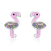 Crystal Pink Enamel Flamingo Screwback Earrings| Pink Rhodium Plating For Kids, Children, Girls, Tweens