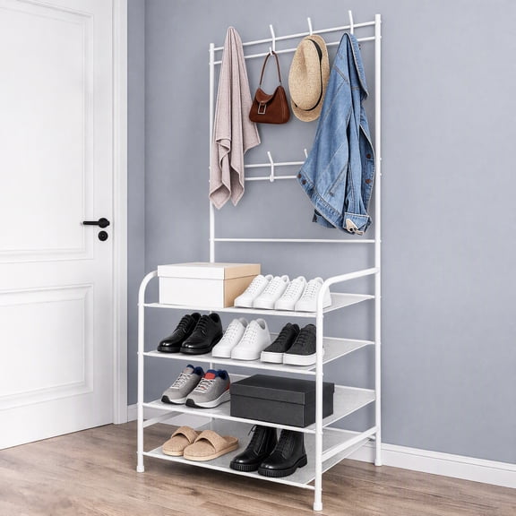 HioHa 4-Tier Shoe and Coat Rack, Freestanding Hall Tree with 8 Double Hooks, Metal Shoe Storage Organizer for Entryway Hallway, White