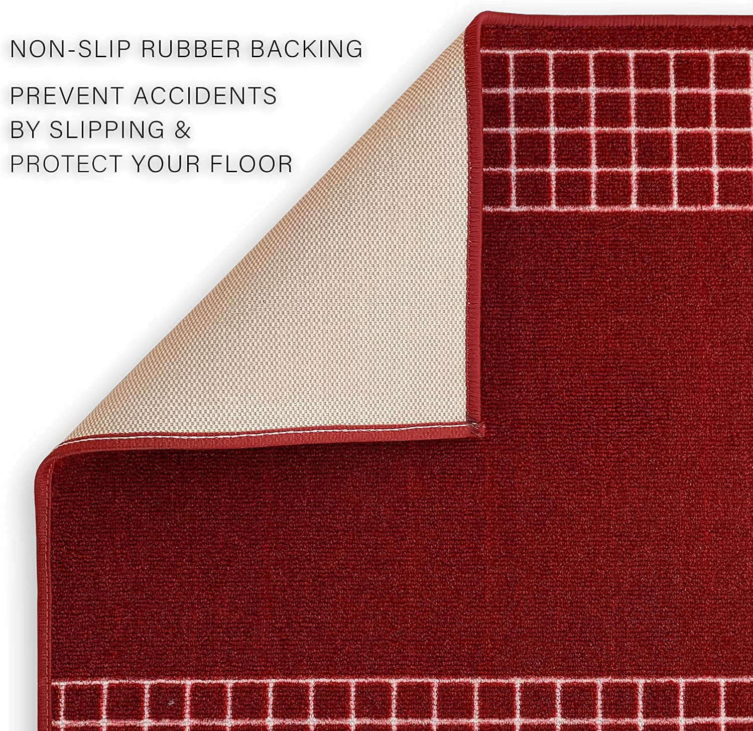 Runner Rug for Hallway Checkered Bordered Red Color 26 Inch or 31 Inch Wide by Your Length Choice Slip Resistant Rubber Backing Stain Resistant Pile Stair Runner