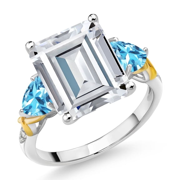 Gem Stone King 925 Silver and 10K Yellow Gold Swiss Blue Topaz Ring Set with Moissanite (8.56 Cttw) (Size 9)
