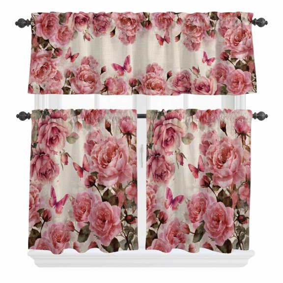 3 Piece Kitchen Curtains and Valances Set Pink Roses Cafe Curtains 36 Inch Length Spring Floral Elegant Pastoral Butterfly Retro Valance & Tier Curtain for Living Room Bedroom 54"x18" 27"x36"*2