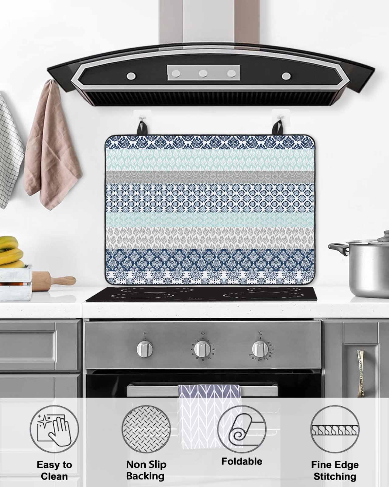 nqOlkjepod Large Induction Cooktop Protector Mat 24"x21", Boho Blue Aqua Stove Top Covers for Electric Stove, Geometric Stripes Tribal Bohemia Retro Stove Burner Cover Mats, Glass Top Stove Cover