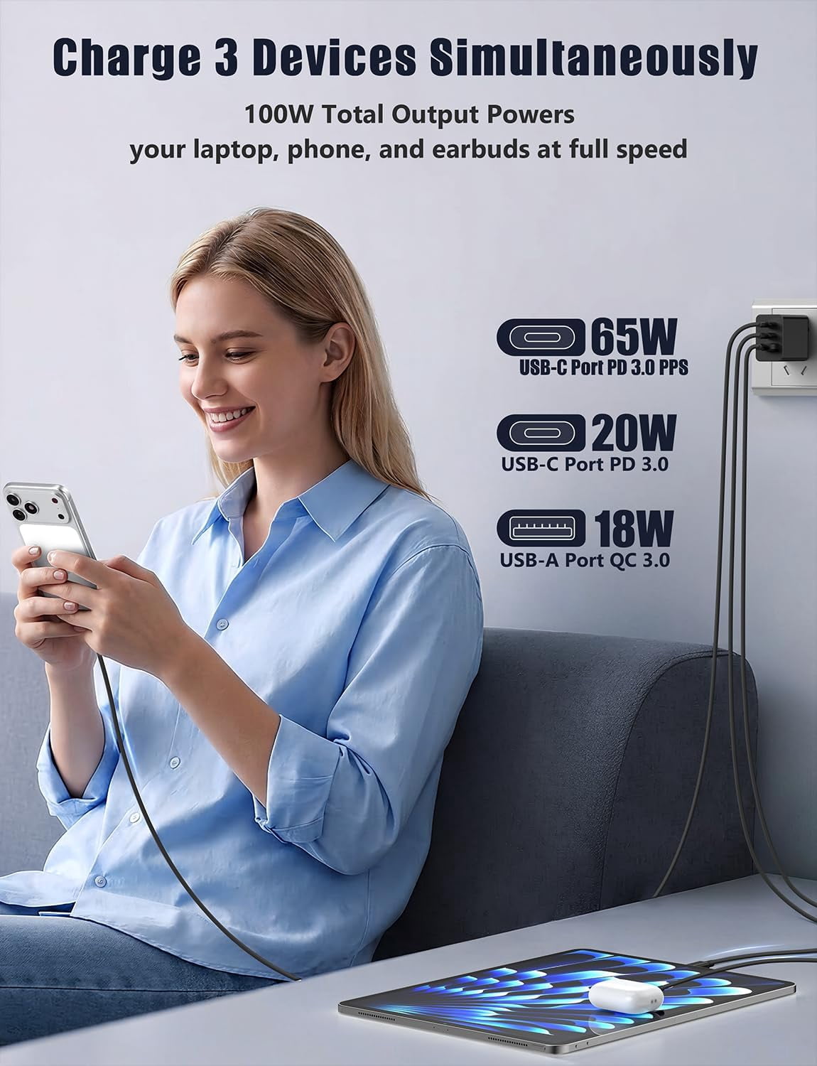MJMJ 3port 100W C Wall Charger, 65W USB C Fast Charger and 4Pack 3/6/10/10FT Long USBC Quick Charge Cable Cord for Samsung Galaxy S26/S25/S24/S23 Ultra/S22/S21/S20/Note 20/10 Android Phones