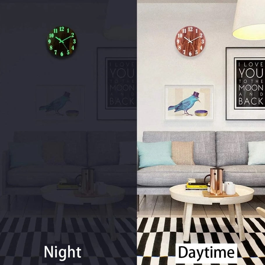 Nvzi Silent Wall Clock Glow in The Dark Non Ticking,12 Inch Night Light Battery Operated(Numeral)
