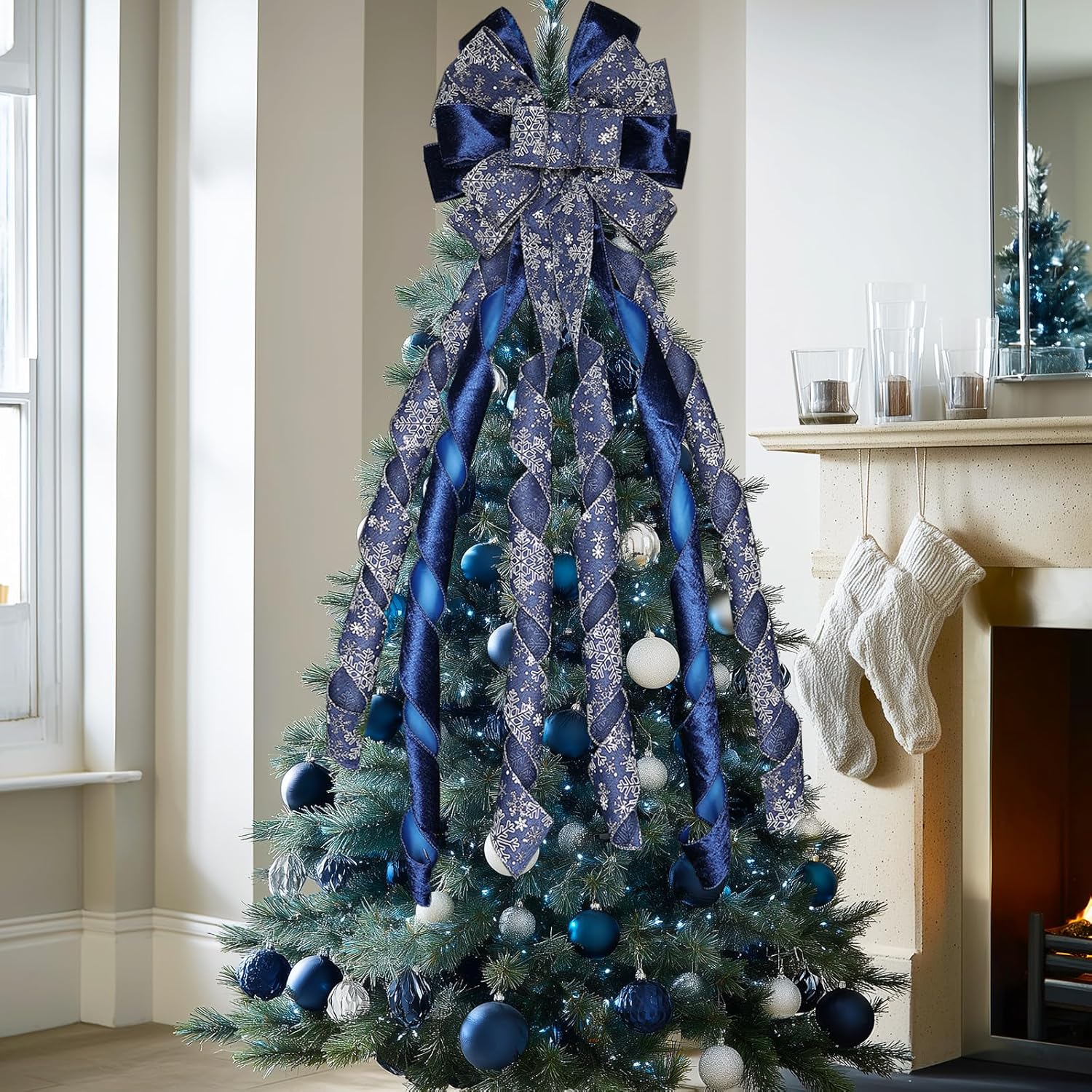 Large Christmas Tree Topper Bow 52x13 Inch, Pre-Tied Wired Ribbon Wreath Bows, Xmas Ornaments with Long Wired Edge Streamer for Holiday Thanksgiving Indoor Outdoor Party Decoration (Navy Blue)