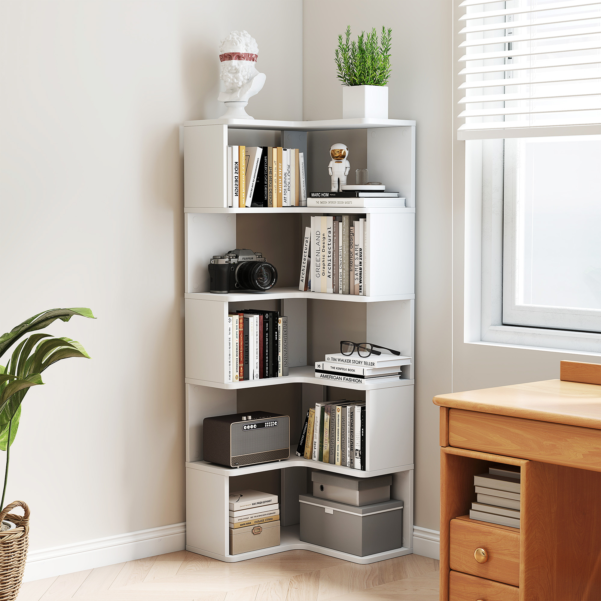 6-Tier Corner Bookshelf, 62.2" Tall Bookcase with Baffle, Large Modern Display Rack for Living Room, Home Office Storage, White
