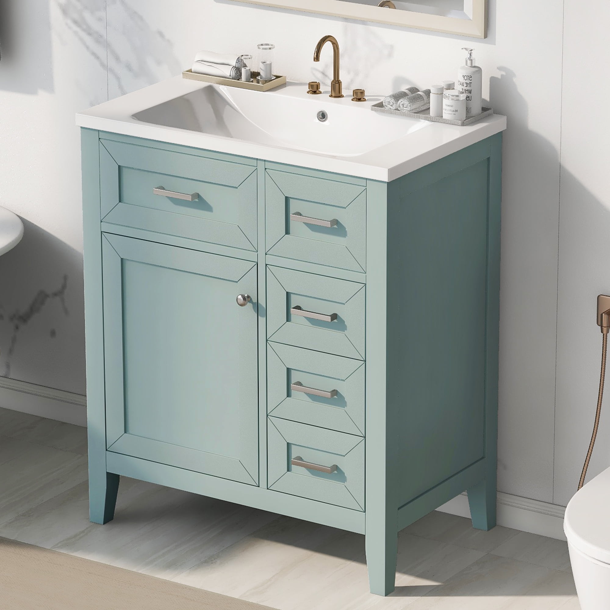 Euroco 30” Green Bathroom Vanity with Sink, Freestanding Bathroom Cabinet with Drawer & Shelf, Solid Wood Frame, Ceramic Basin