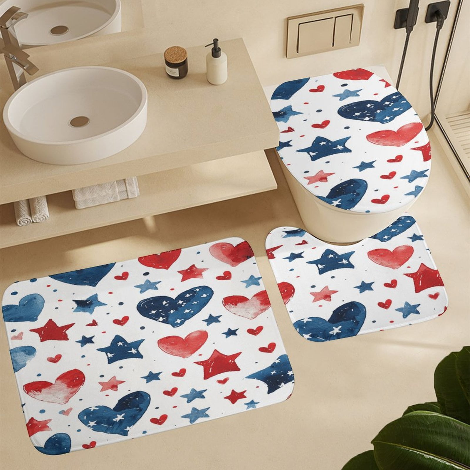 4th of July 4PCS Shower Curtain Sets with Rugs with Non-Slip Bath Mat Toilet Rug，72" X 72"