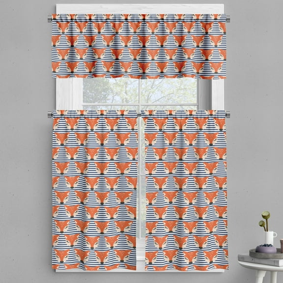 Ambesonne Animals Valance & Curtain, Foxes on Stripes, 55"x24", Vermilion and Champagne