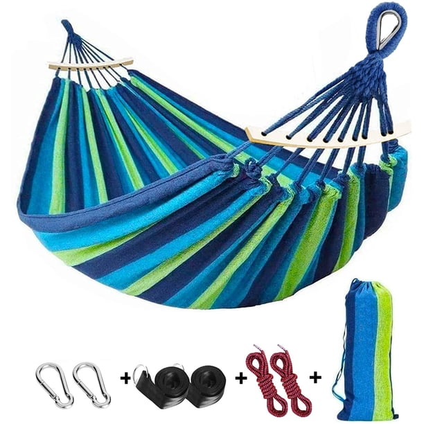 Hamaca Columpio Doble de Algodón 200 x 150 cm 2 Personas Grande Antivuelco Brasileña con Barra Separadora, Carga 200 kg para Camping Jardín con Bolsa de Transporte Correas para Árboles