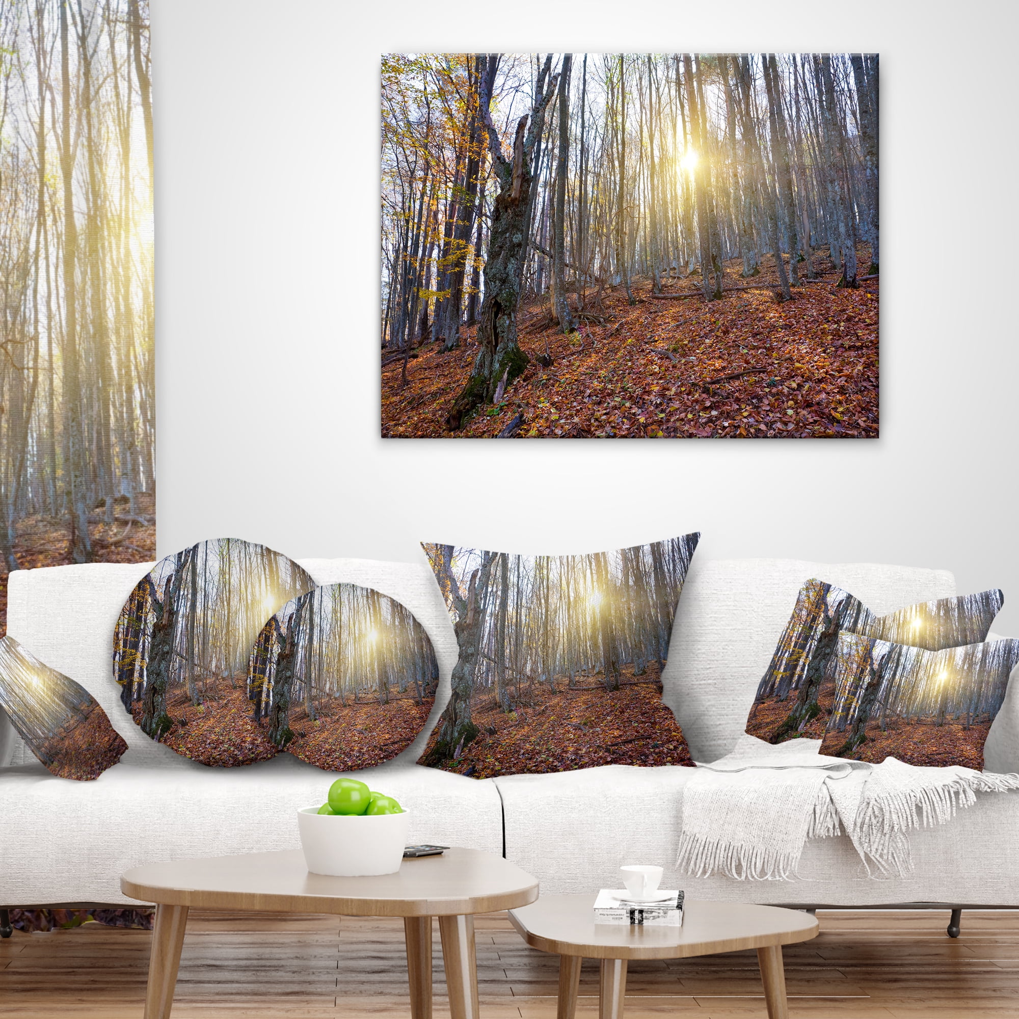 Designart Setting Sun in Dense Fall Forest - Modern Forest Throw Pillow - 16x16