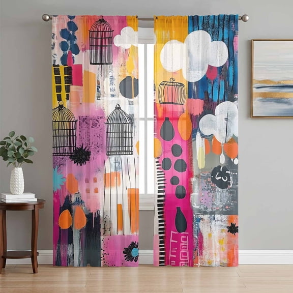 Colorful Oil Painted Sheer Curtains 96 Inch Length 2 Panels Set, Abstract Modern Contemporary Voile Window Treatment Semi Sheer Long Curtains Drapes for Bedroom/Living Room/Kitchen 52"x96"x2