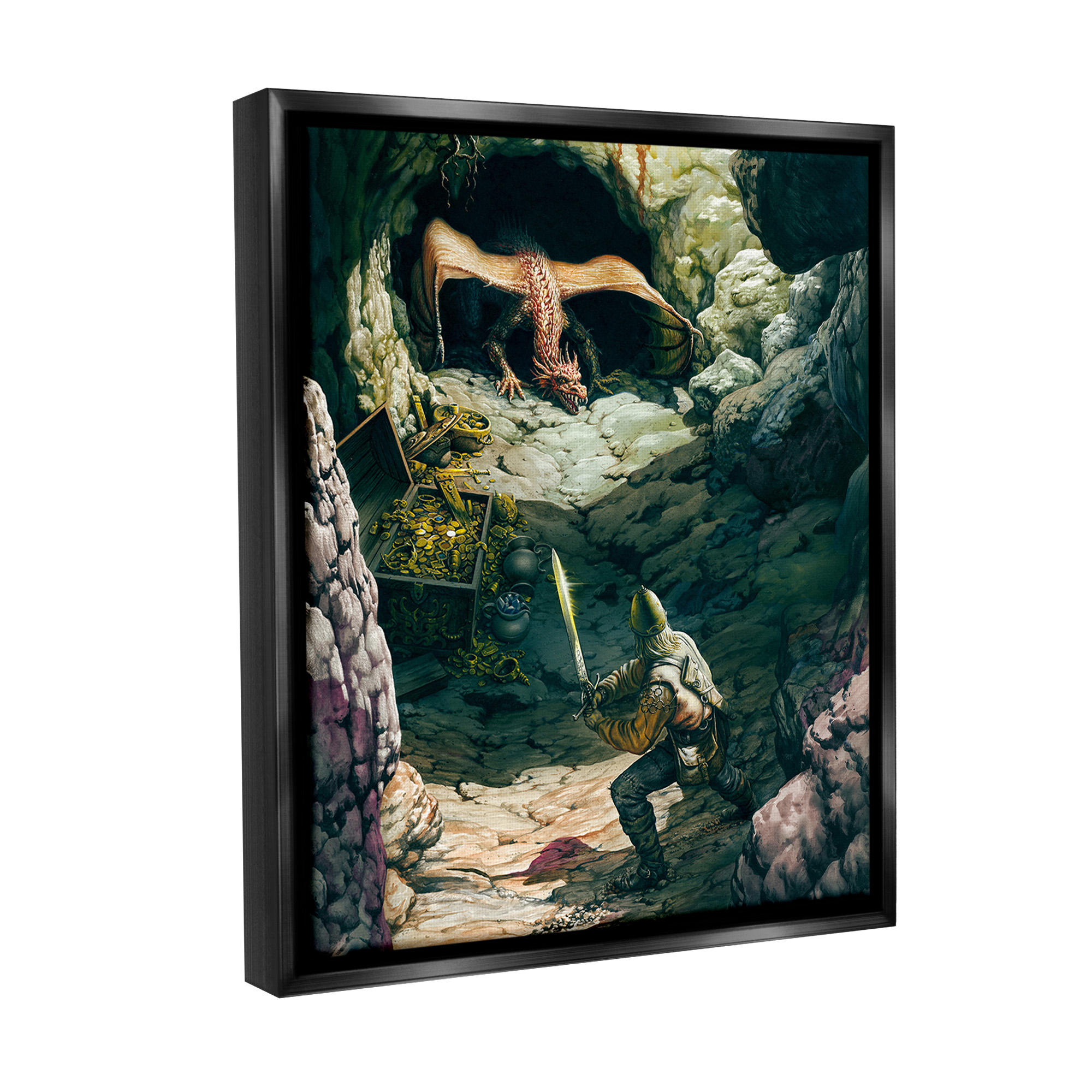 Stupell Industries Dragon & Knight Battle Fairy Tales & Fantasy Painting Black Floater Framed Canvas Art Print Wall Art, 25 x 31