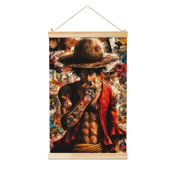 Shaft Hanging Banner One Piece Luffy Poster Wall Canvas Artwork With Wooden Frame Scroll Painting 12"x18"
