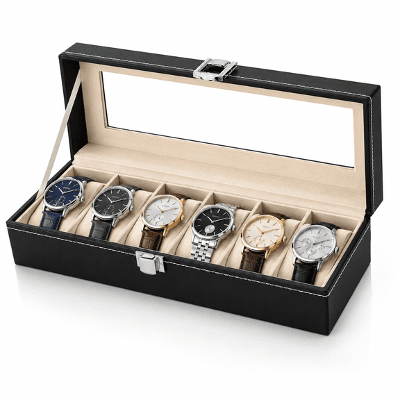 Watch Case,Watch Organizer for Men,6 Slot PU Leather Watch Box,Watch Holder,Portable Watch Display Case with Glass Window