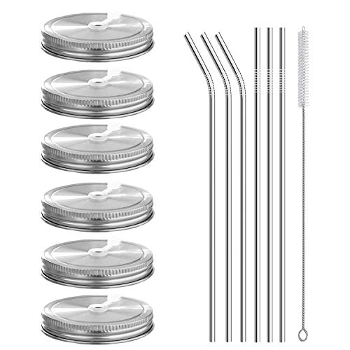 6pcs Pack 304 Stainless Steel Wide Mouth Mason Jar Lids with Straw Hole