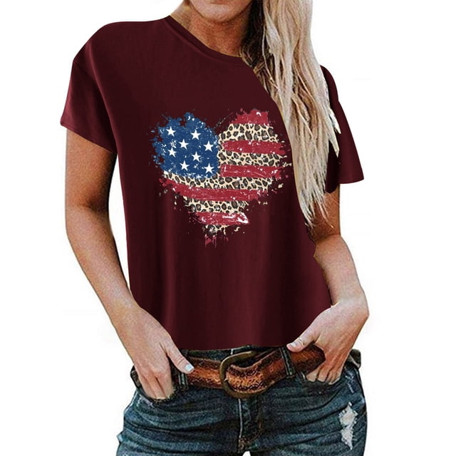 Birdeem T-Shirt pour Femmes d'Été Décontracté Ample Imprimé Fête de l'Indépendance à Col Rond à Manches Courtes