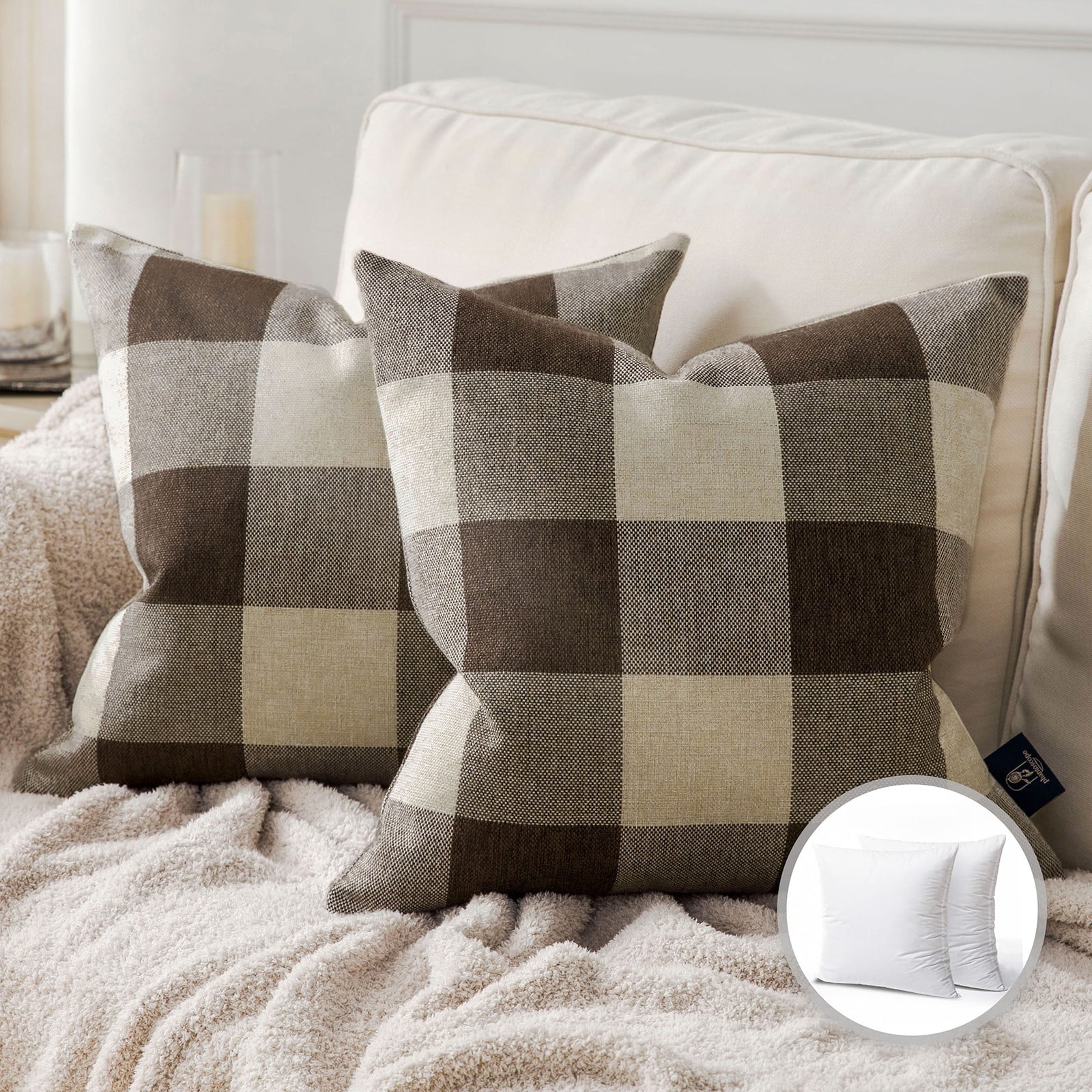 SUSHANG 2 Pieces of Brown Cushions Buffalo Checker Plaids Cushion Square Decorative Throw Pillow Cusion for Couch 18" X 18" Coffee 2 Pack