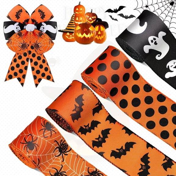 Monebena 4 Rolls 20 Yards Halloween Wired Edge Ribbon Spider Web Printed Grosgrain Ribbon Halloween Theme Wrapping Ribbon Holiday DIY Craft Ribbons for Halloween Home and Party Decor M01