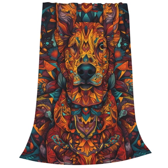 Intricate Puppy Portrait Flannel Throw Blanket,Vibrant Orange Mandala Fleece Blanket, Psychedelic Pet Flannel Blankets 50x40