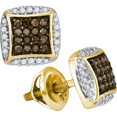 - Solid 10k Yellow Gold Round Chocolate Brown And White Diamond Square Shaped Halo Channel Set Stud Earrings (.30 cttw)