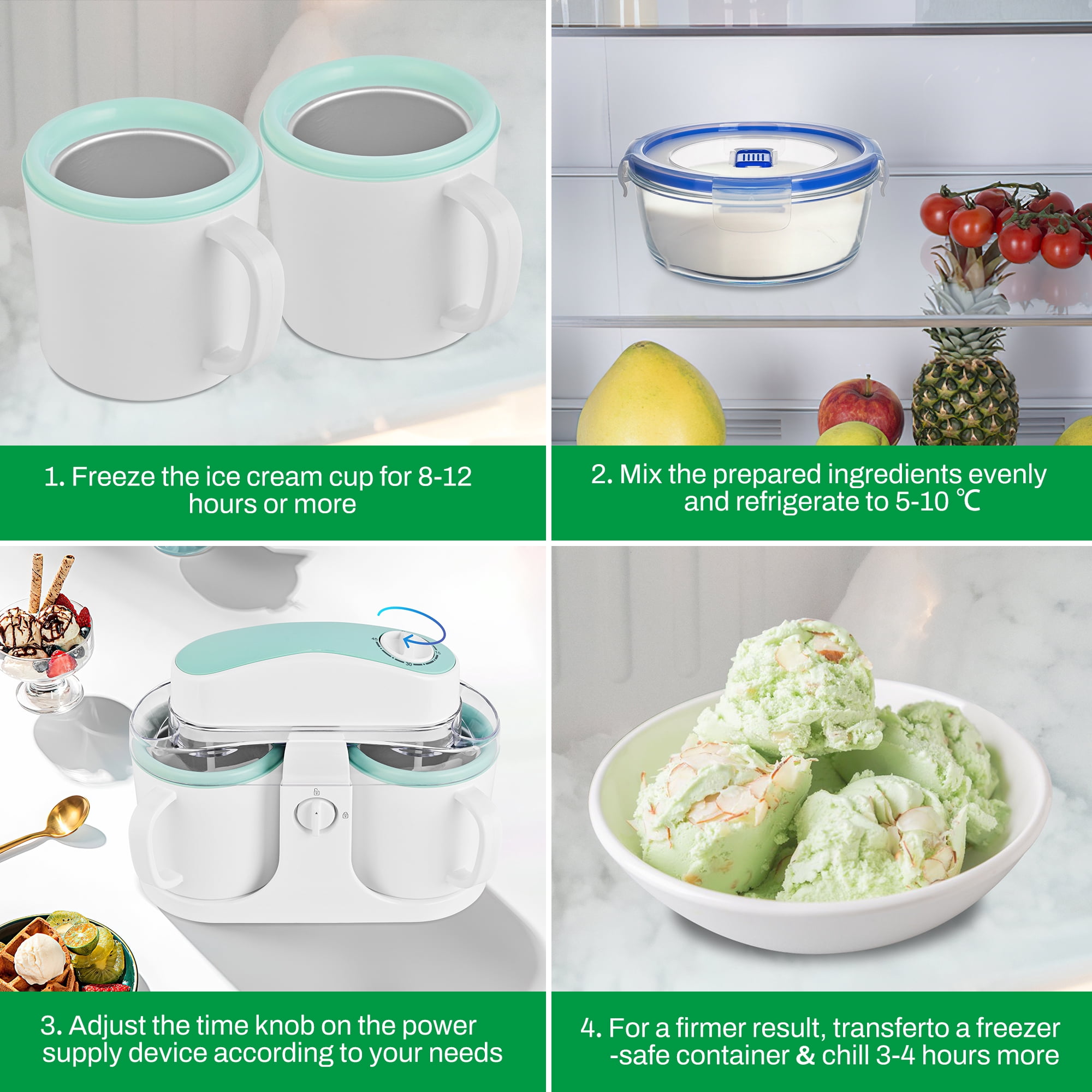 SUSTEAS Ice Cream Maker Machine for Home Use, with Two Ice Cream Bowls,Simple Operation and Easy to Clean,White Green