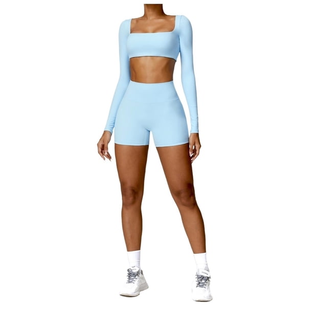Conjuntos de entrenamiento de 2 piezas for mujer, sujetador deportivo acolchado de manga larga, trajes de gimnasio de cintura alta con