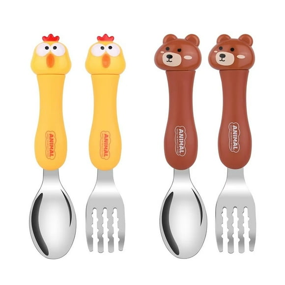 Hweilai Children's Cutlery Set, 4 Pieces, Stainless Steel Fork and Spoon for Kids, Baby, Home, School (Brown Bear + Yellow Chicken)
