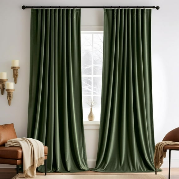 Olive Green Velvet Curtains 96 Inches 2 Panels Pinch Pleated Luxury Room Darkening Blackout Window Drapes For Bedroom Living Room Thermal Insulated Super Soft Back Tab Rod Pocket