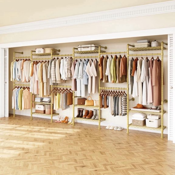 ROGALIS Industrial Pipe Cloth Rack, H6 Wall Mounted Closet System w/6 Telescopic Rods, Heavy Duty Closet Organizers and Storage in Wardrobe Closet w/3 Fixing Rods, 9 Shelves, Gold