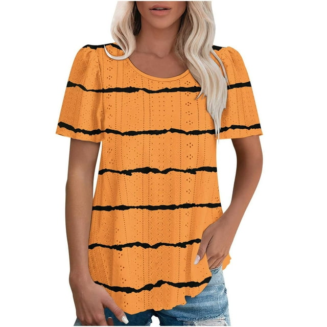 Plebaso T-shirts à Oeillets pour Femmes, Rayés, Manches Courtes, Décontractés, Col Ras du Cou, Mode Été, Chemisiers, Hauts