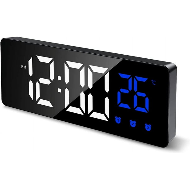 Rawiri Reloj despertador digital, reloj despertador inteligente matutino con 3 configuraciones de alarma y función de repetición, reloj despertador de cabecera con pantalla LED que muestra la hora y