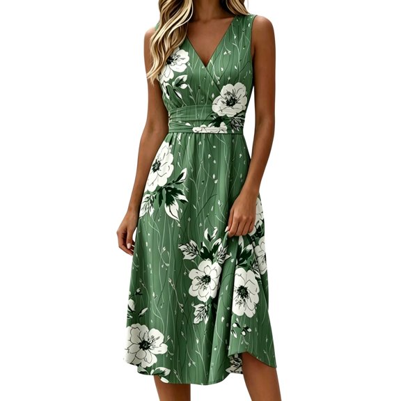 Levmjia Women's Floral Print Dress Sleeveless V Neck Button Down A Line Midi Dress Casual Summer Beach Vacation Dress with Pockets