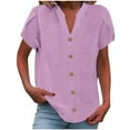 thumbnail image 3 of DDAPJ pyju Womens Linen Tops Petal Short Sleeve V Neck Button Down Shirt Dressy Casual Summer Blouse Purple M, 3 of 7