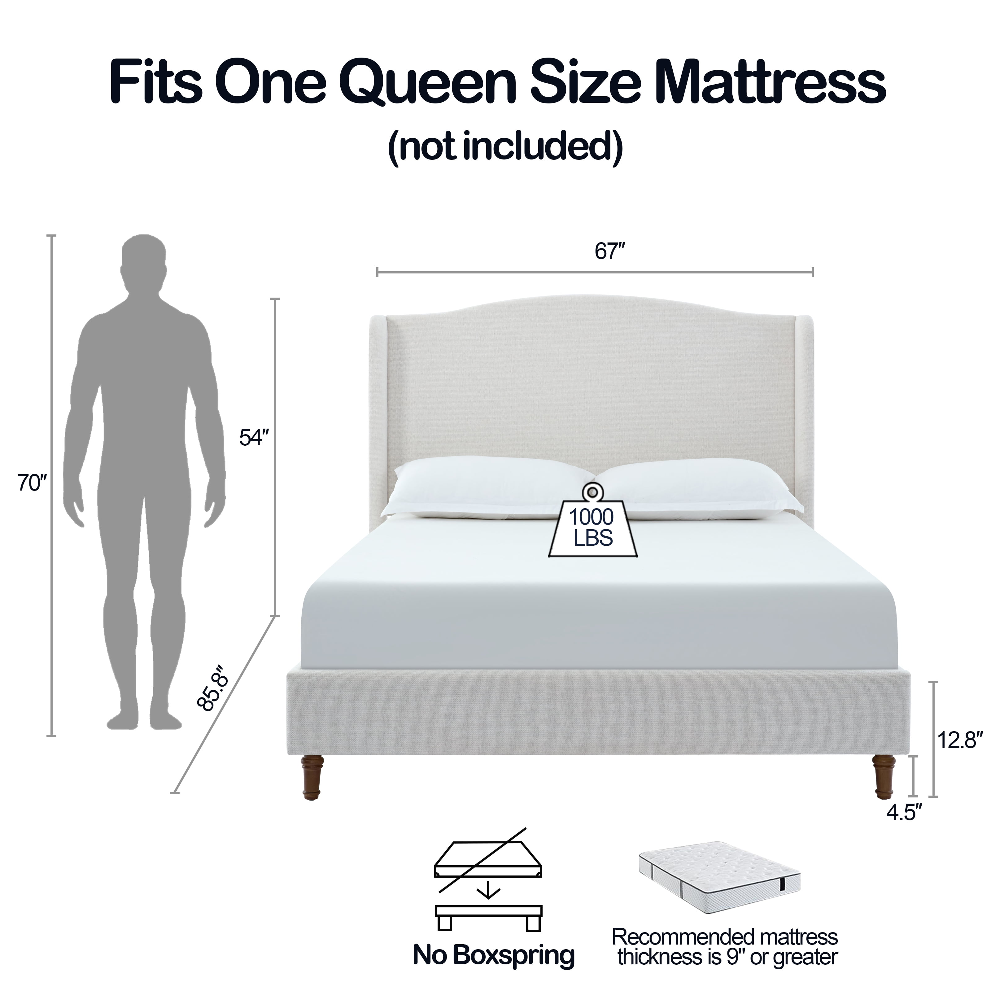 Miniyam 54" High Queen Size Upholstered Bed with Wingback Headboard for Adult, Ivory White