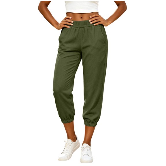 Guluxicc Women's Linen Gym Pants with Pockets Elastic High Waist Athletic Trousers for Everyday Workout Running