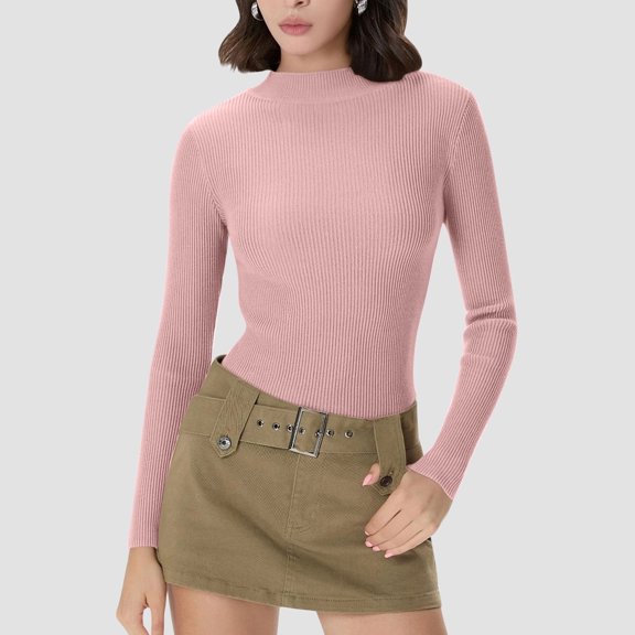 ATENAR Long Sleeve Tops For Women Crew Neck Solid Color Fitted Casual Womens Sweaters Pink M