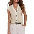 thumbnail image 3 of Sleeveless V Neck Womens Button Down Cap Sleeve Sweater Vest Color Block Knit Tank Tops, 3 of 6