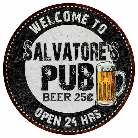 Salvatore's Pub 12" Round Metal Sign Beer Bar Black Wall Décor Gift 200120039498