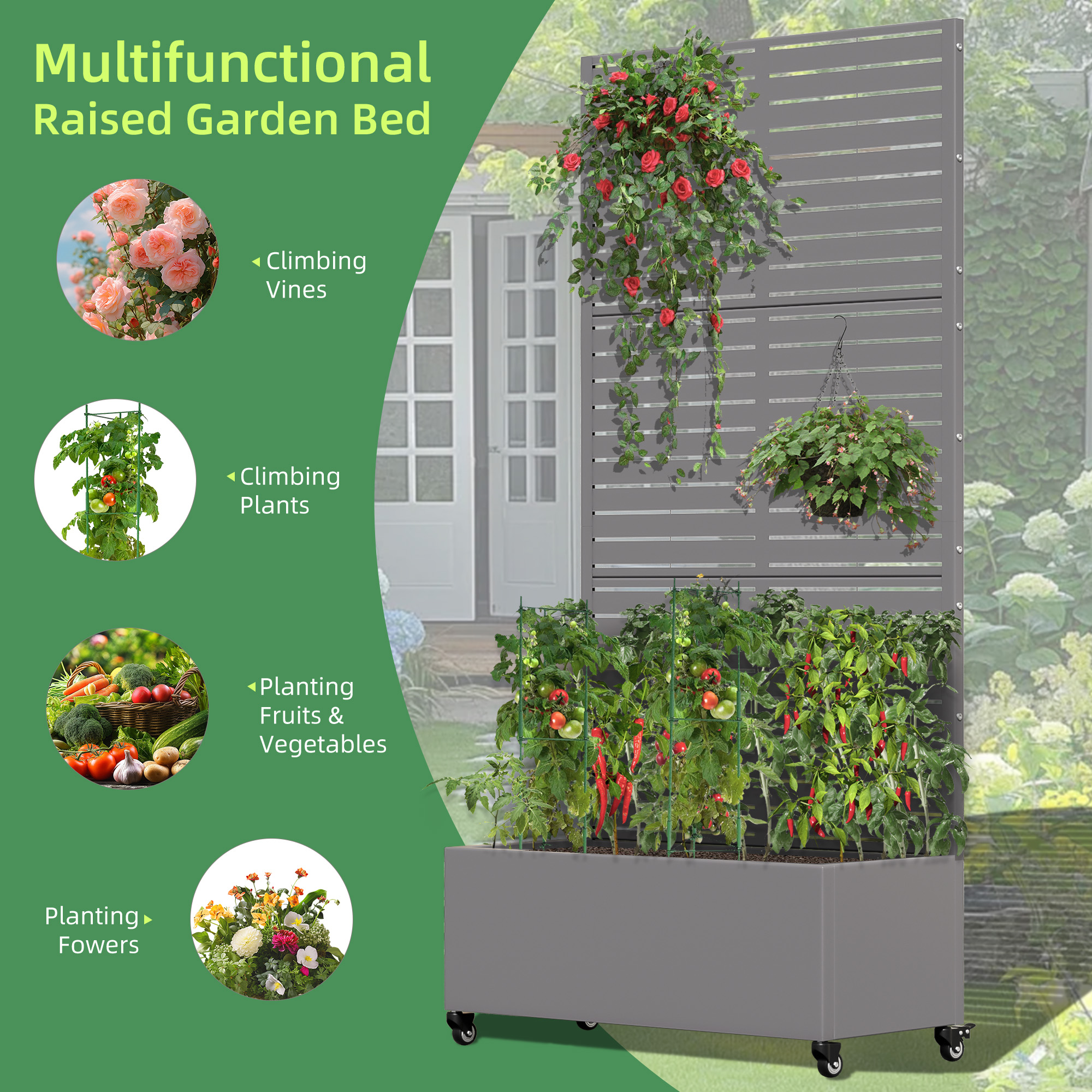 MAYEERTY 35*16*71"Outdoor Gray Metal Planter with Rect Louvered Climbing Trellis, Drainage hole & Wheels