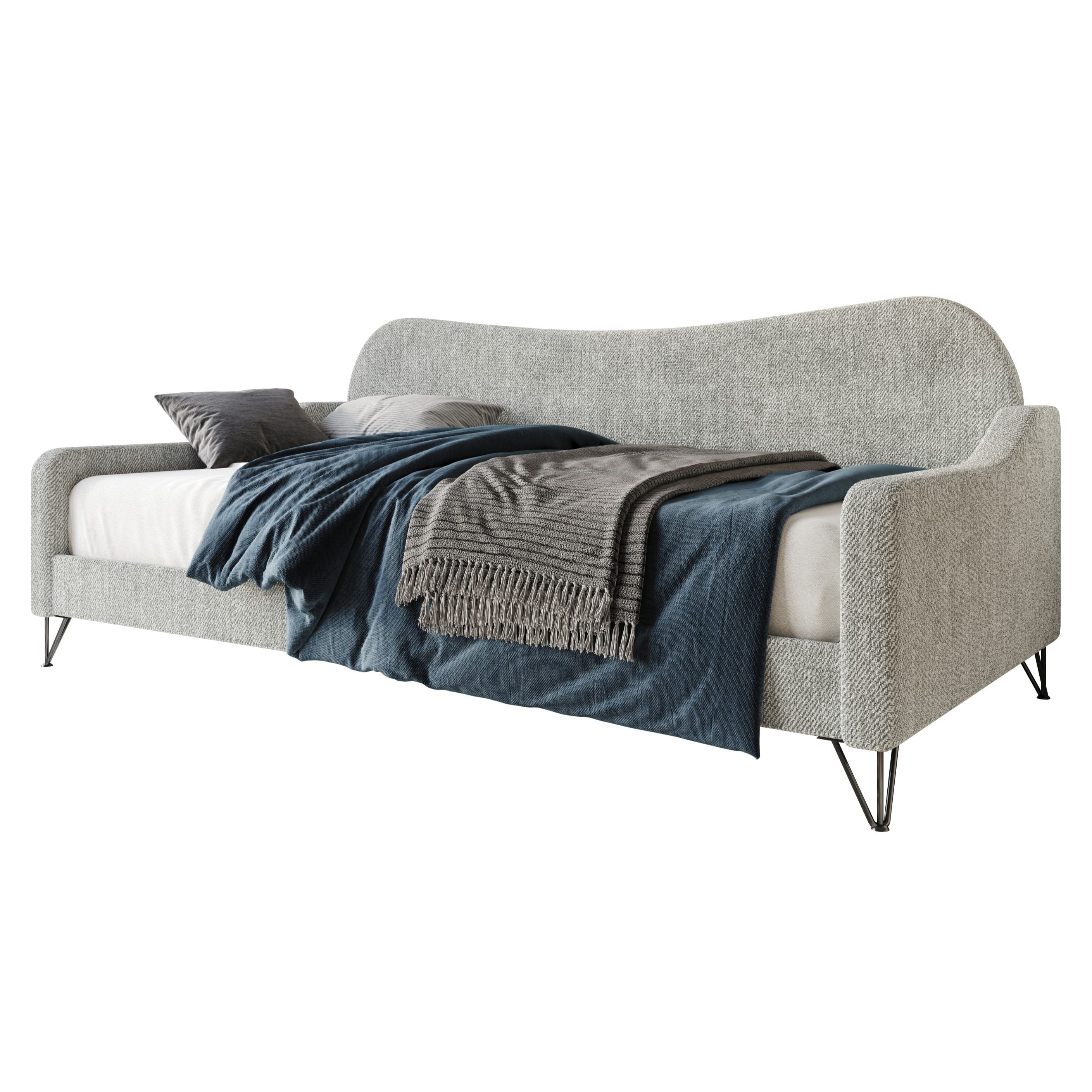 Home Design Natty Twin Daybed with Upholstered Frame, Elegant Backrest and Arms, Black Metal Legs, Stylish Seating and Sleeping Solution, Gray
