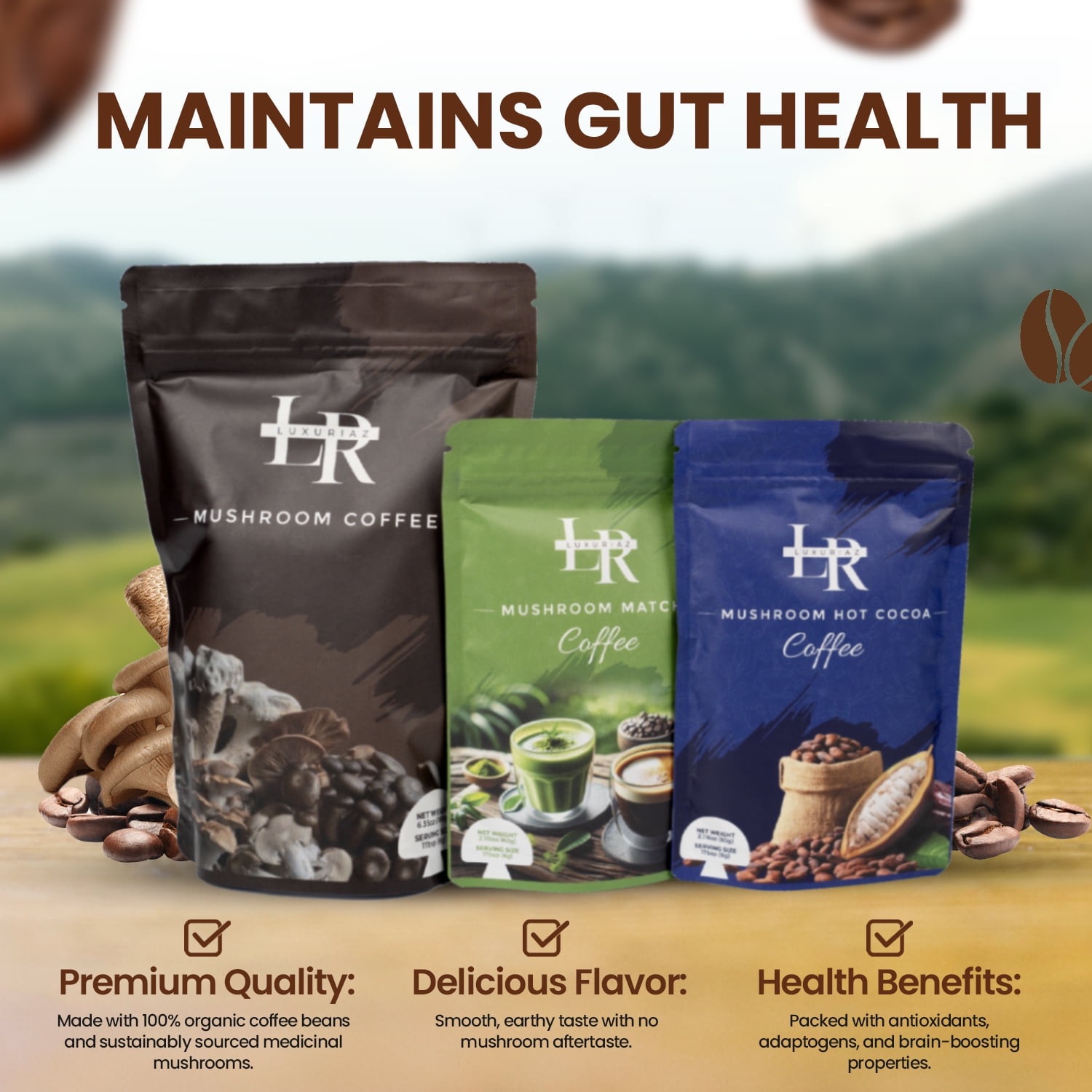 Luxuriaz 3-in-1 Organic Functional Mushroom Instant Coffee Kit with Matcha and Cocoa Blend, 240g