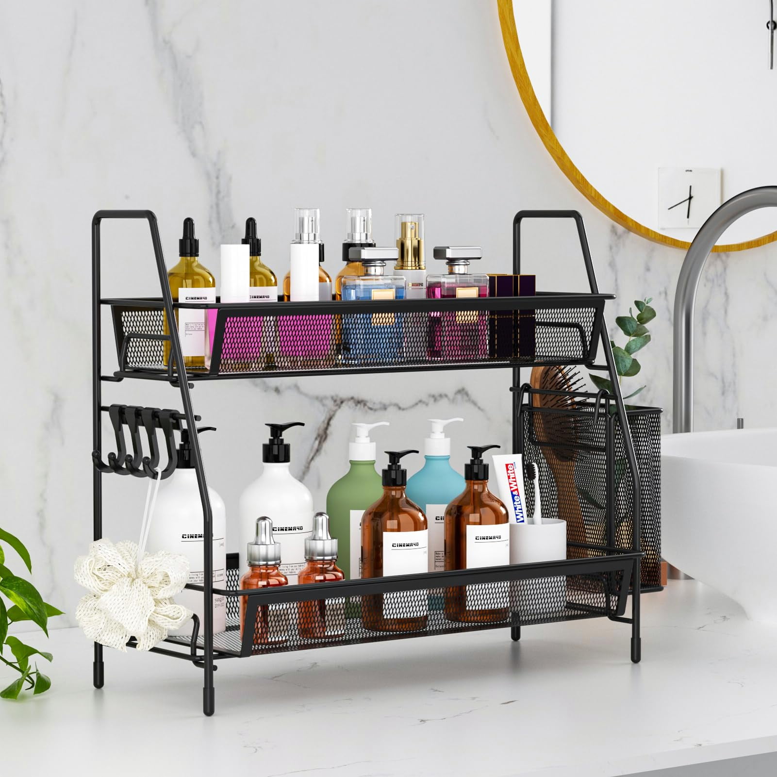 Subekyu 2-Tier Bathroom Organizer Countertop, Metal Wire Mesh Bathroom Counter Organizer Storage with Basket Hooks