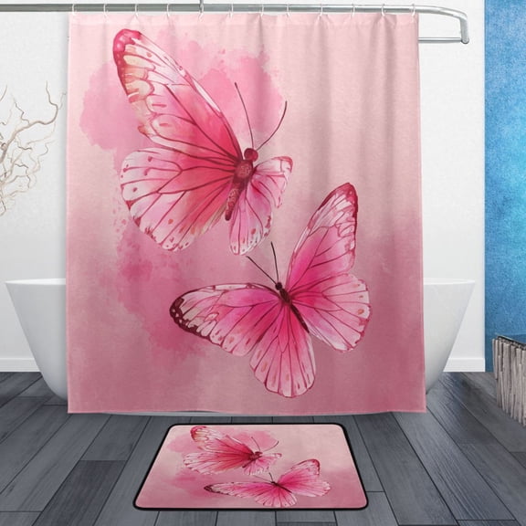TTYFWHD 60" x 72" Shower Curtain and Bath Mat Set Dark Crimson Butterfly Waterproof Bathroom Curtain with 12 Hooks, Bathroom Decor Set