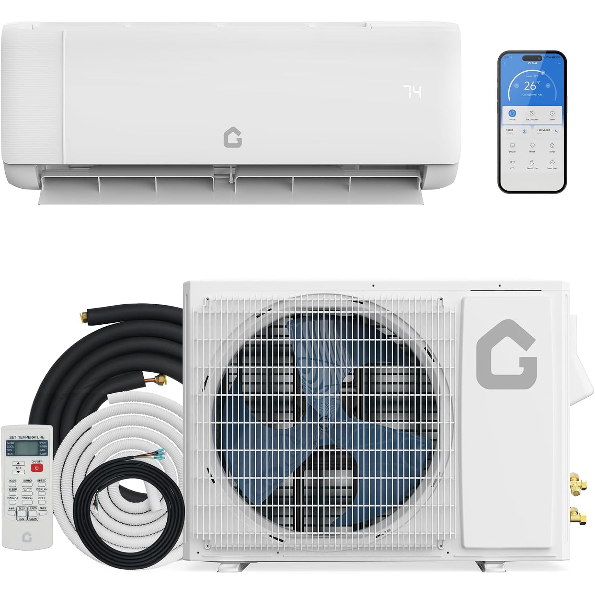 Mini Split Air Conditioner 18000 BTU 21 SEER, Ductless Inverter Heat Pump with WiFi Smart Control and Energy Star for Rooms up to 1000 sq ft, Cooling and Heating for Home Office