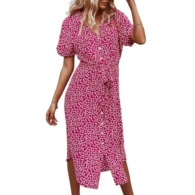 MesaSe Robe Midi à Boutons pour Femmes, Été, Manches Courtes, Imprimé Floral, Ceinturée, Chemise Ample, Jupe