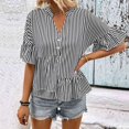 thumbnail image 4 of Camisa informal de trabajo holgada de manga corta para mujer - Top negro con escote en V y dobladillo con volantes a rayas S, 4 of 8