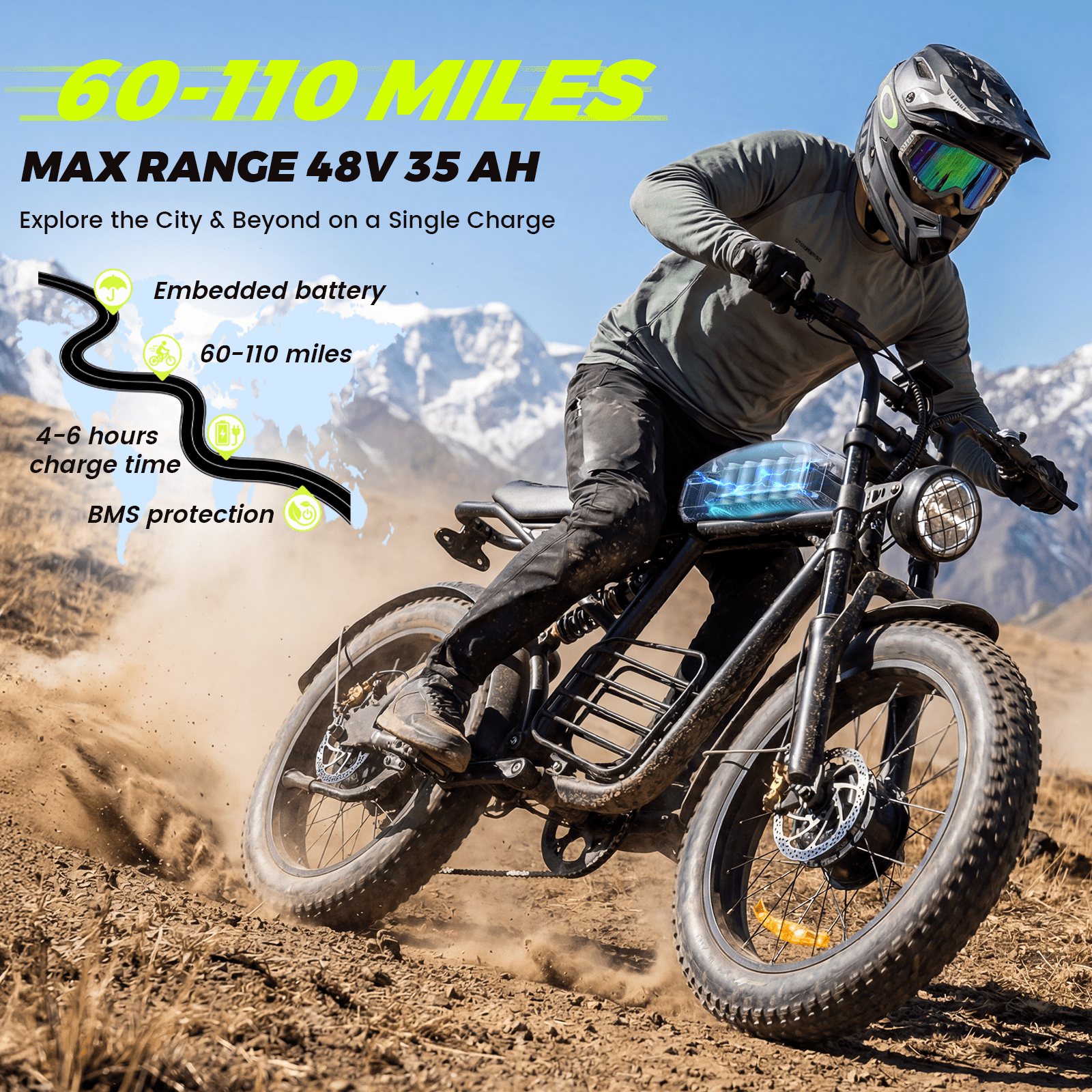 Electric Bike for Adults, 3000W Dirt Bike, 37MPH, 48V 35Ah E-Bike, 100 Miles Electric Motorcycle, 20" Fat Tire Off-Road Bike, All Terrain for Mountains, Snow, Sand, Road