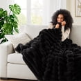thumbnail image 5 of Hyde Lane Ultra Soft Faux Rabbit Fur Striped Throw Blanket - Luxury Plush Blanket for Couch, Bed, Living Room Decor, Thick & Warm - 750GSM (Black, 60"x80"), 5 of 15