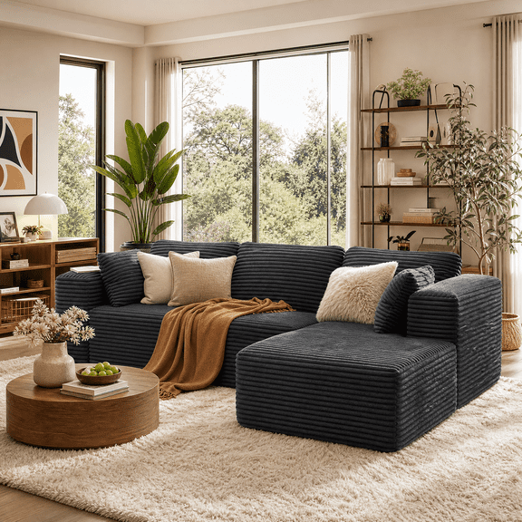 Asofer L‑Shape Modular Boneless Couch, 105" Cloud Sectional Sofa with Right Chaise Lounge Corduroy,No Assembly Required,Black